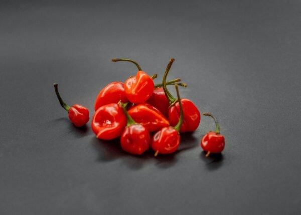 Bright red habanero chillies displayed on a black background